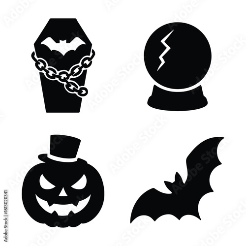 Halloween icons silhouette featuring coffin crystal ball pumpkin and bat.
