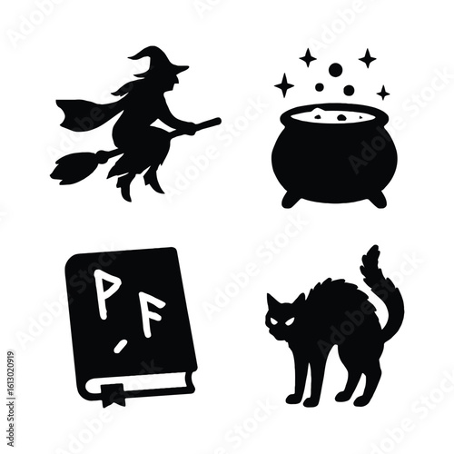 Halloween icons witch cat cauldron book silhouette vector on white background.