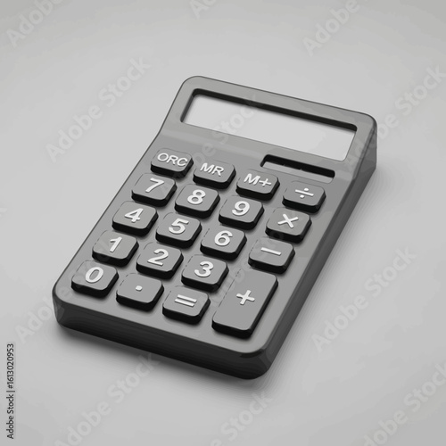 A black calculator with numerical buttons, positioned on a neutral gray background.