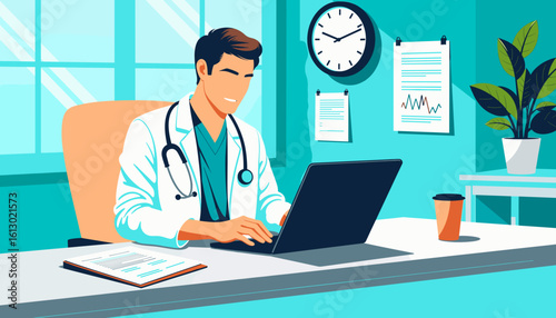 Doctor working on laptop in office for International Doctor's Day  