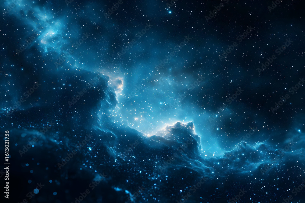 Fototapeta premium Deep Space Nebula: A 3D Render of Celestial Clouds and Glimmering Stars in a Dark Blue Hues Abstract Background
