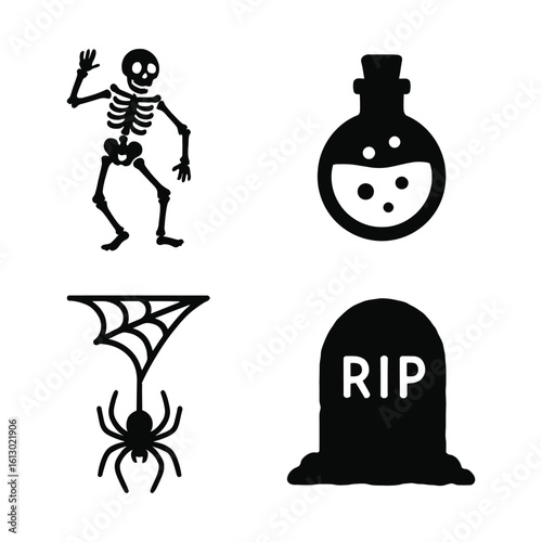 Four halloween icons featuring a skeleton spiderweb potion and tombstone silhouette.