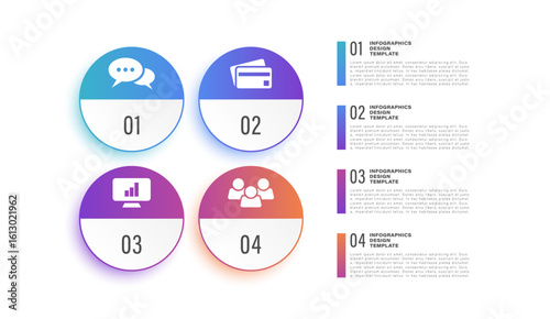 4 steps, options or processes infographic layout with business icons and space for data. Data visualization, annual report layout