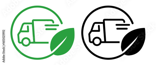 Icon delivery truck in motion within a circular frame green leaf symbolizing eco friendly sustainable logistics transportation and green delivery services