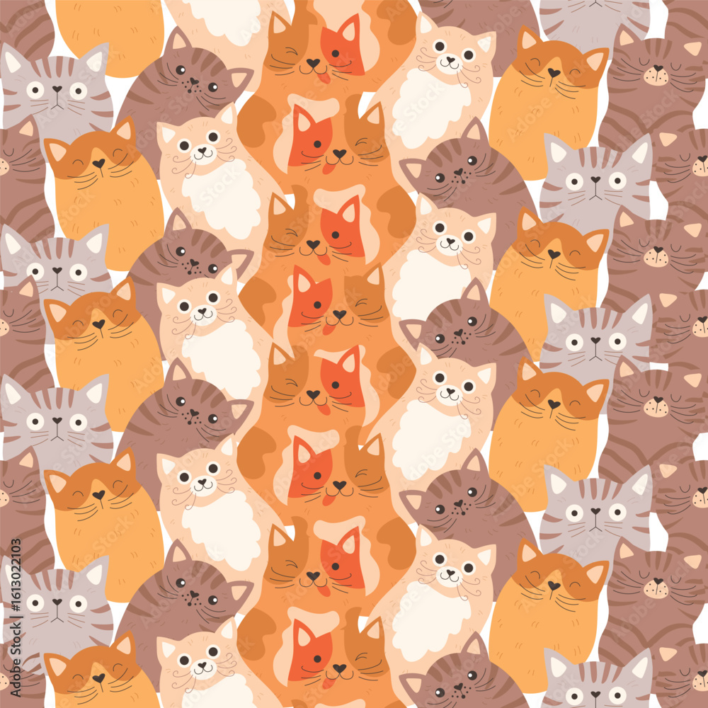 Fototapeta premium A playful seamless vector pattern featuring various cute cats in different poses. Perfect for fabric prints, wallpapers, wrapping paper, and digital backgrounds.