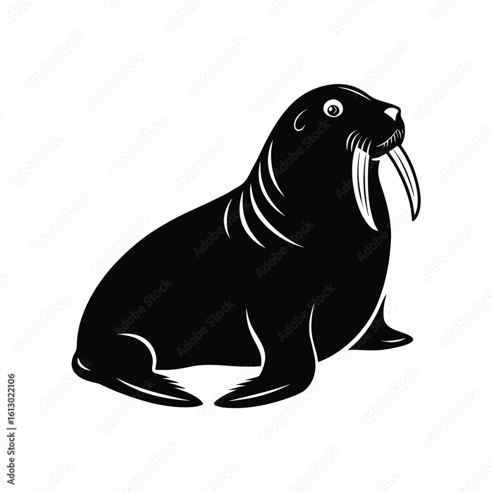Obraz premium Majestic walrus resting with prominent tusks in a bold black silhouette on a clean white background