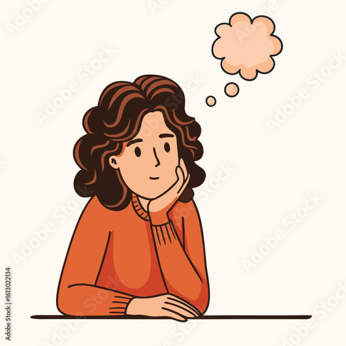 Pensive Young Woman with Curly Hair Lost in Thought with a Blank Thought Bubble Representing Her Contemplative State
