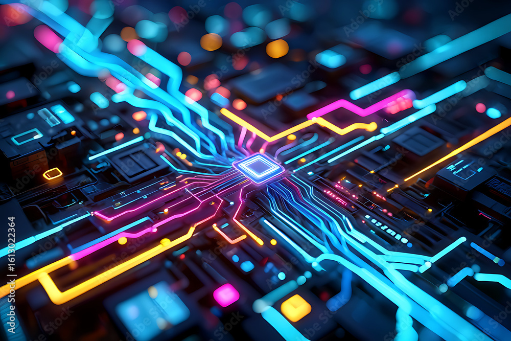 Fototapeta premium Futuristic glowing circuit board with central processor and digital data lines in vibrant neon technology design