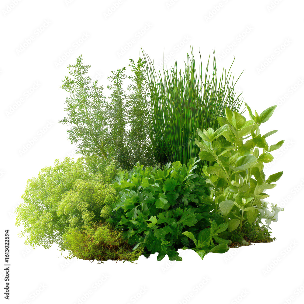 Fototapeta premium A garden of wild herbs ready for harvest isoleted on transparent background .