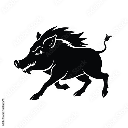 Dynamic black silhouette of a wild boar in full stride with prominent tusks