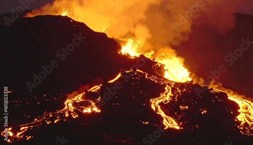 Glowing lava flows down a dark volcanic slope at night, creating fiery streams and intense heat