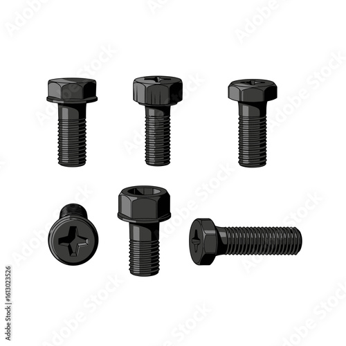 Six Dark Gray Machine Screws with Varied Head Styles and Thread Lengths