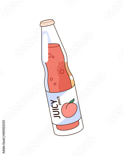 Icon of glass bottle of sparkling peach juice. Plastic packaging of carbonated soft drink. Transparent container of bubbly refreshing beverage. Flat isolated vector illustration on white background