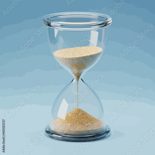Clear glass hourglass with light beige sand flowing downwards, symbolizing the passage of time.