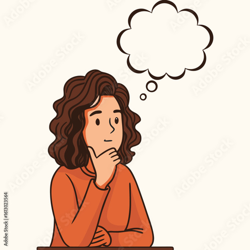 Pensive Young Woman with Curly Hair Lost in Thought with a Blank Thought Bubble Representing Her Contemplative State