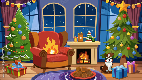 A cozy christmas scene with two decorated trees gifts and a dog near a fireplace and armchair