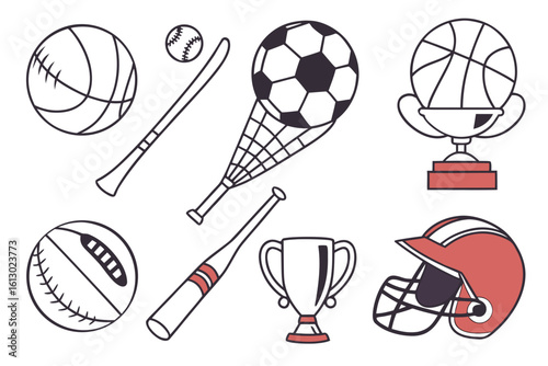 Collection of sports equipment and trophies isolated on white background