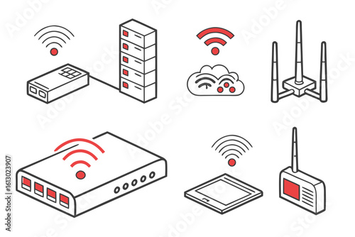 Network equipment and wireless signals isometric icons isolated on white background
