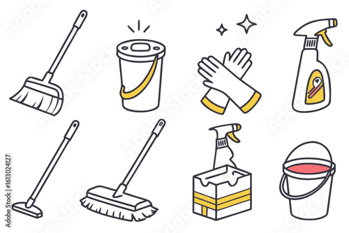 Collection of cleaning tools and supplies isolated on white background