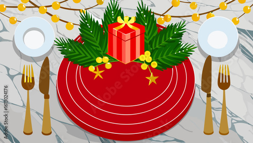 Festive christmas table setting with gift and decorations ready for a holiday dinner party scene