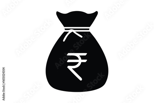 Black silhouette of a money bag with the indian rupee symbol isolated on white background