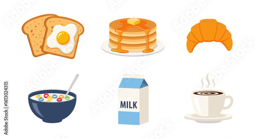 A delightful assortment of breakfast foods, including toast with an egg, pancakes, a croissant, cereal, milk, and coffee, arranged on a clean white background.
