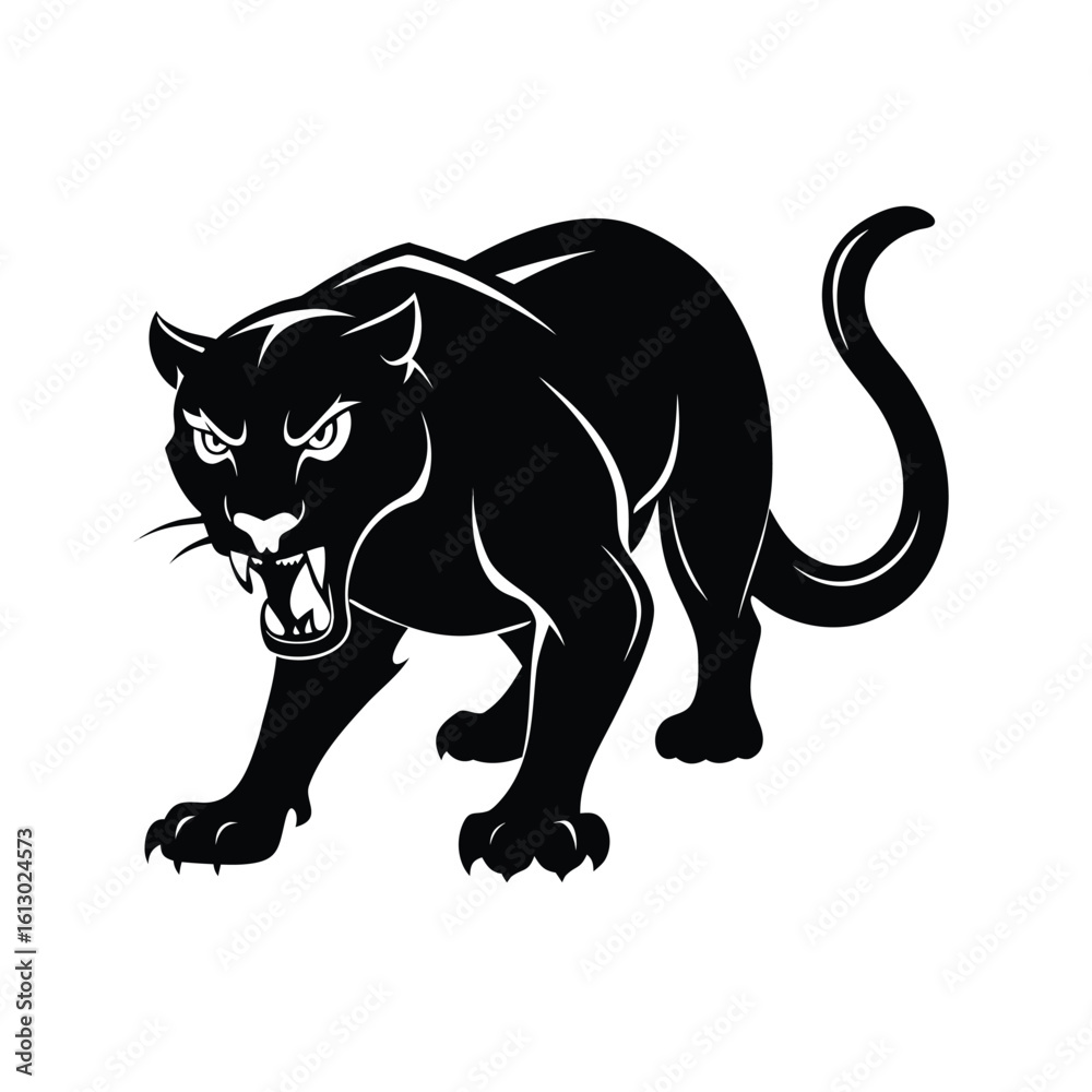Obraz premium Dynamic black silhouette of a crouching panther in aggressive stance
