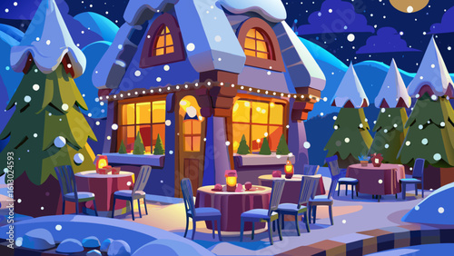 Charming winter cafe scene with snow covered building and outdoor seating area under a starry night sky