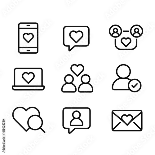 Digital romance icons collection. Outline symbols. Line design