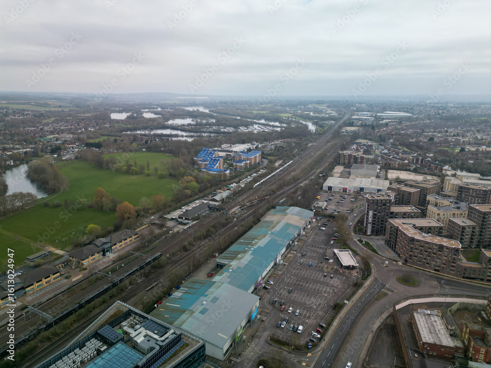 Fototapeta premium Aerial shot over Reading Train station Railway tracks UK 