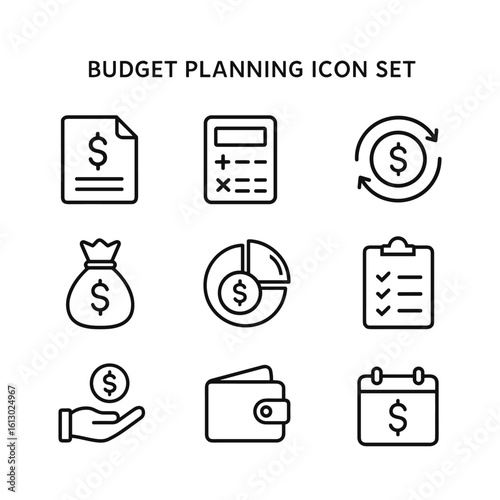 Budget management icon collection. Outline symbols. Line design