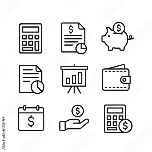 Budget and finance icon set. Outline symbols. Line design