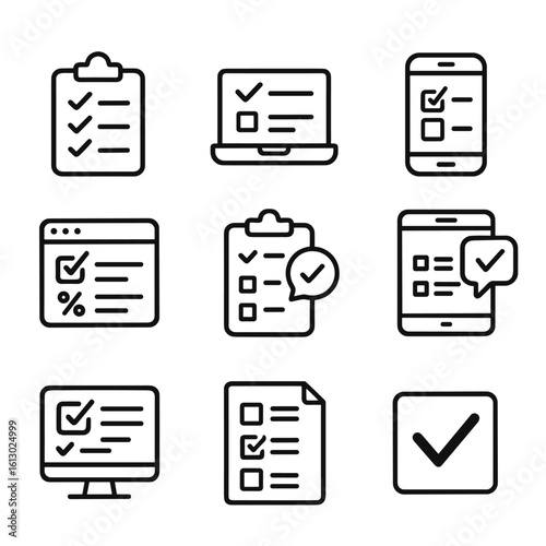 Research and polling icon set. Outline symbols. Line design