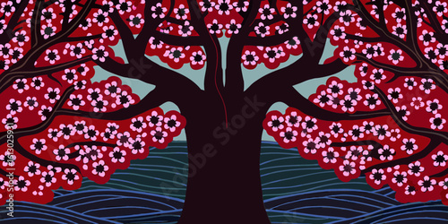 Artistic Cherry Blossom Tree with Red Flowers on Stylized Background for Greeting Cards, Nature Blogs, Cultural Awareness, and Decorative Art Websites  