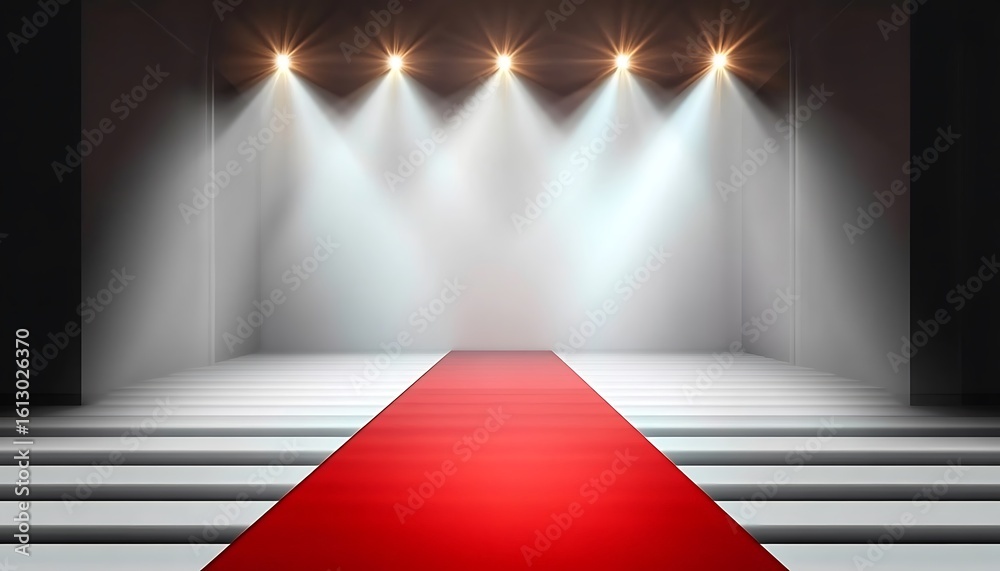 Obraz premium Elegant Red Carpet Entrance with Bright Stage Spotlights – Glamorous Scene for Awards, Fashion Shows, or VIP Events