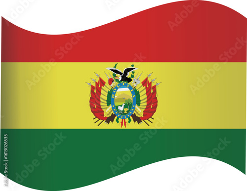 waving national flag of bolivia with horizontal red, yellow, and green stripes and national coat of arms

