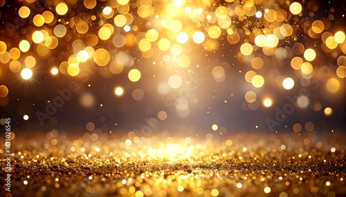 Golden glitter sparkles on dark background