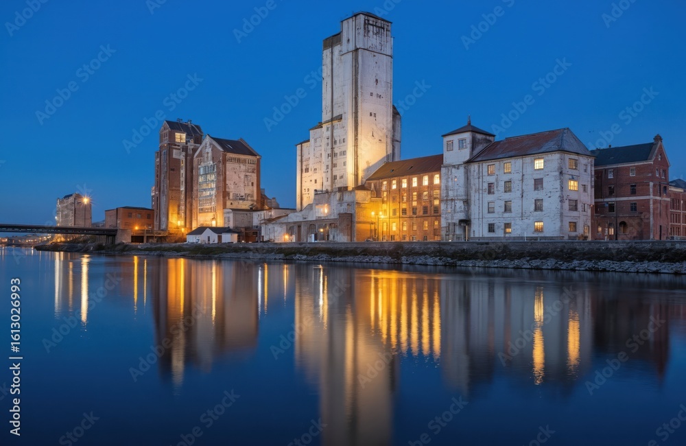 Obraz premium Serene cityscape river at dusk. Buildings reflect in calm water under blue sky. City lights glow warmly across urban landscape. River bank perspective offers panoramic view.
