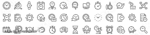 Set of 39 outline icons related to time, clock. Linear icon collection. Editable stroke. Vector illustration