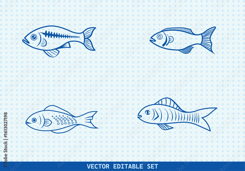 Fototapeta premium This editable vector set features four unique hand-drawn fish illustrations. perfect for seafood menus, kids’ books, educational materials, aquarium infographics