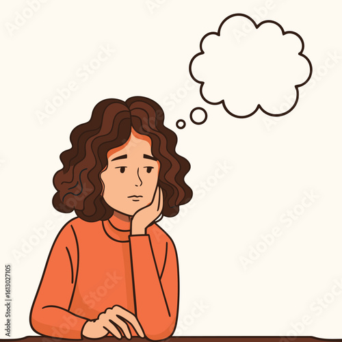 Pensive Young Woman with Curly Hair Lost in Thought with a Blank Thought Bubble Representing Her Contemplative State