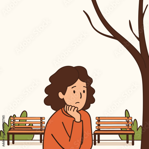 Pensive Young Woman with Curly Hair Lost in Thought with a Blank Thought Bubble Representing Her Contemplative State