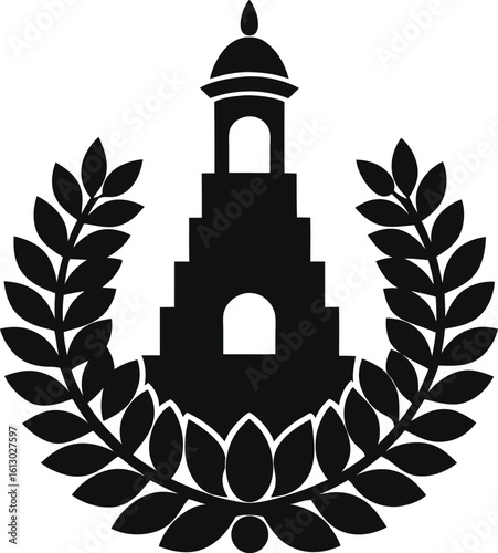 Black silhouette of a tiered tower with a dome and laurel wreath isolated on white background silhouette