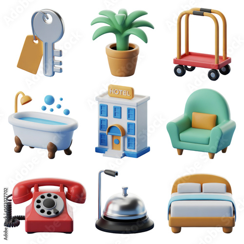 3d rendering of essential hotel items icons set for travel and accommodation themes