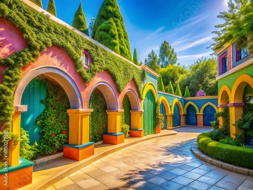 Whimsical Pastel Architecture: Curved Walls, Arches, Lush Green Trees, Blue Sky - Stock Photo