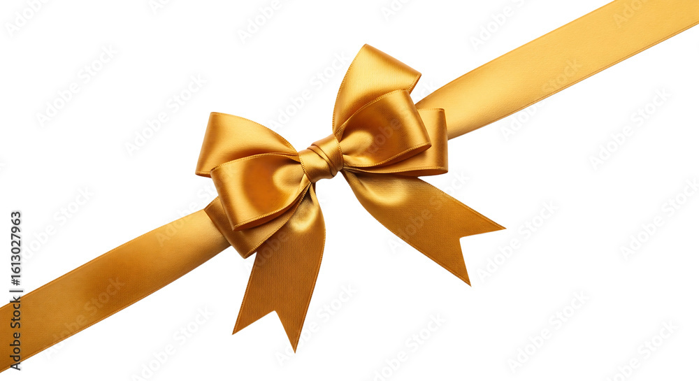 Fototapeta premium Gold satin gift bow on a diagonal ribbon for celebration. Isolated on transparent background, png