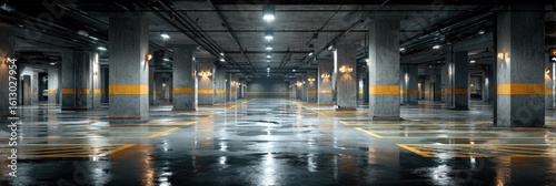 Spacious underground parking garage with wet floors and bright lighting during the evening