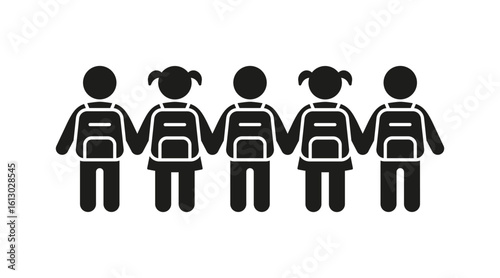 Children group with backpacks for school, black icon boy and girl. Kids back silhouette. Vector illustration