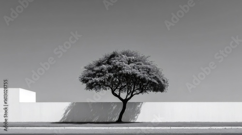 Solitary tree casting stark shadow against bright white wall under clear sunlight