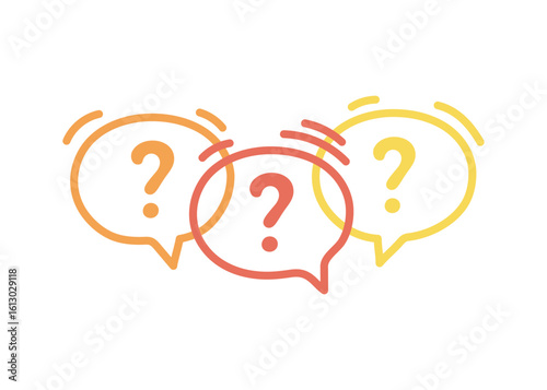 Three line colorful speech bubble icons with question marks. Concept of asking frequent questions or communication. FAQ and solution. Vector flat illustration